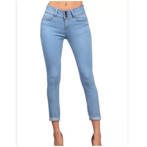 Light Denim Cuffed Butt Lifting Skinny Jeans - Light Blue