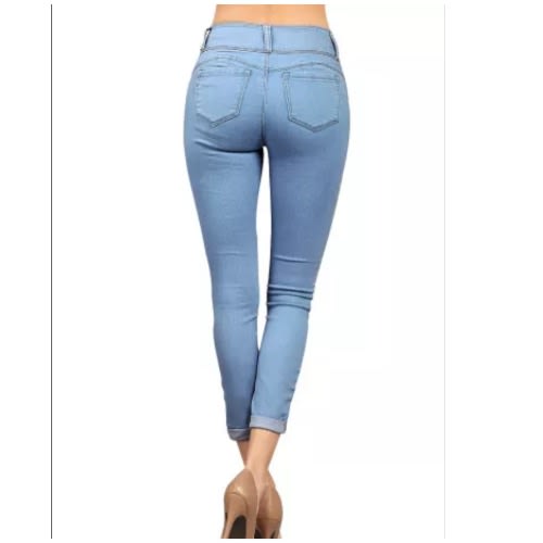 Light Denim Cuffed Butt Lifting Skinny Jeans - Light Blue