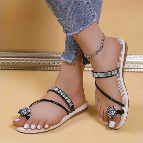 Ladies Flat Beach Slippers With Rhinestone Toe Ring