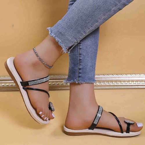 Ladies Flat Beach Slippers With Rhinestone Toe Ring