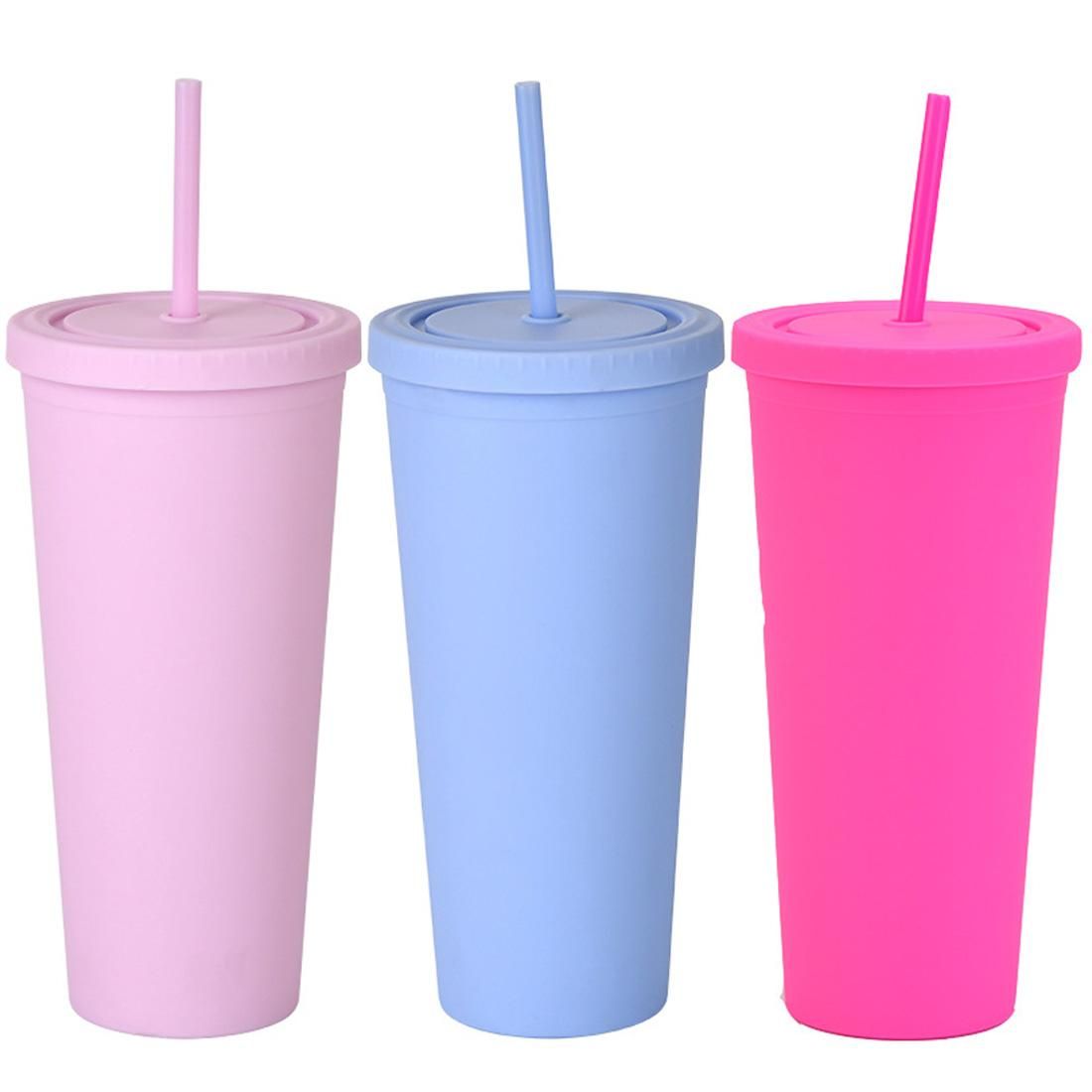 3PCS Handy Straw Tumbler with Lid Premium Double-Walled Matte Plastic Cup 700ml