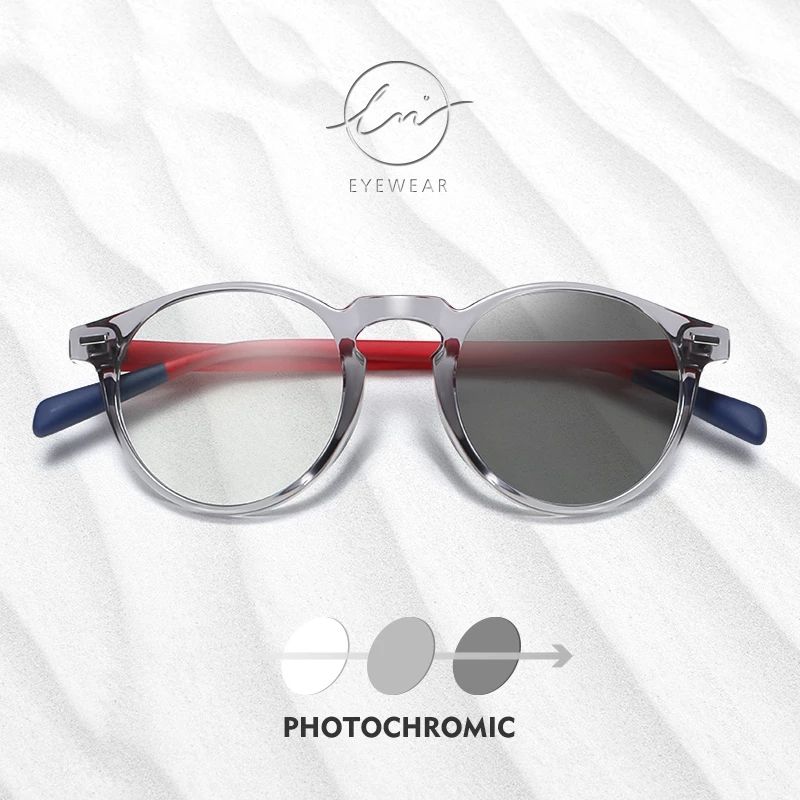 (Gray Frame)LM New Photochromic Anti Blue Light Glasses Men Gaming Round