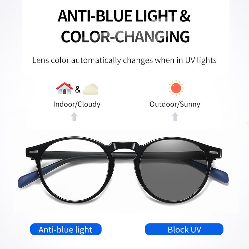 (Gray Frame)LM New Photochromic Anti Blue Light Glasses Men Gaming Round