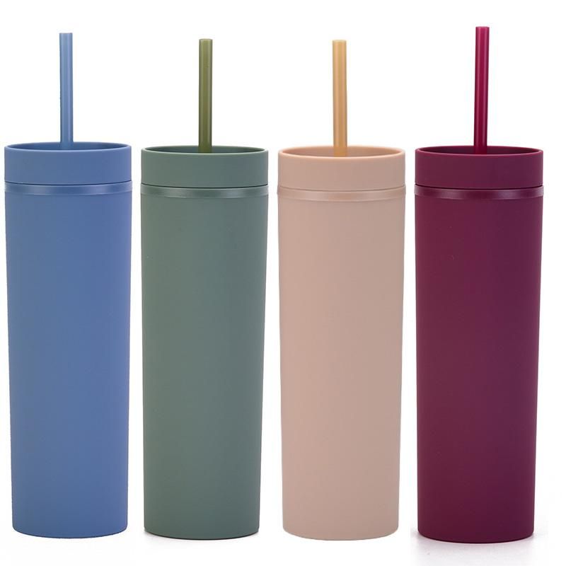 4 Colors Double-walled Tumbler with Lid and Straw,BPA-Free Plastic Skinny Cup