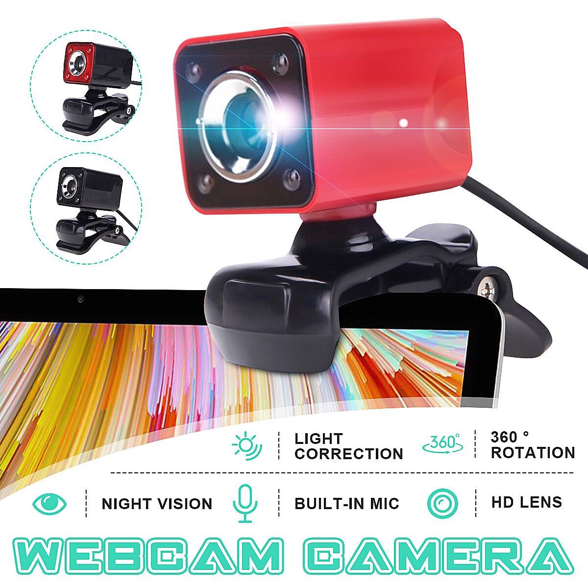 4 LED 12MP HD Webcam Digital USB Camera Video Recording For Android TV PC Laptop Black Red