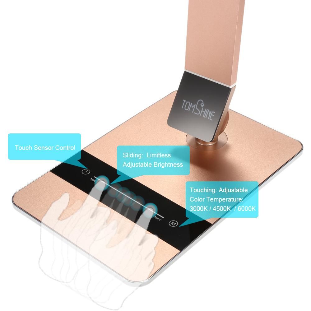 Tomshine Foldable Dimmable Touch Sensitive Control LED Desk Lamp 8.5W 500LM 3 Color Temperature 3000K 4500K 6000K Stepless Adjustable Brightness Eye-Care Ultrathin Aluminum Alloy Table Light with Power Adapter