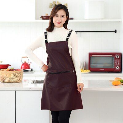 Long-sleeve PU Leather Apron Kitchen Cooking Pet Shop Waterproof And Oil-proof Soft Anti-wear Gown For Adults Women's Overall Coffee 1