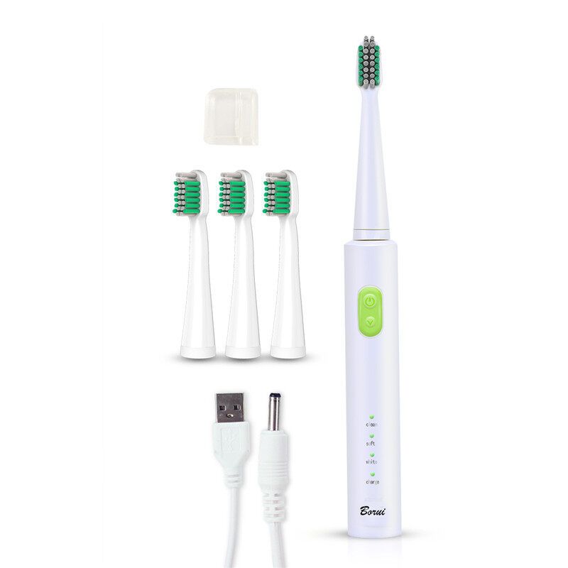 Borui BR-Z1 USB Wireless Ultrasonic Electric Toothbrush Oral Hygiene Rechargeable Sonic Automatic Tooth Brush With 4 Replacement Brush Heads Green