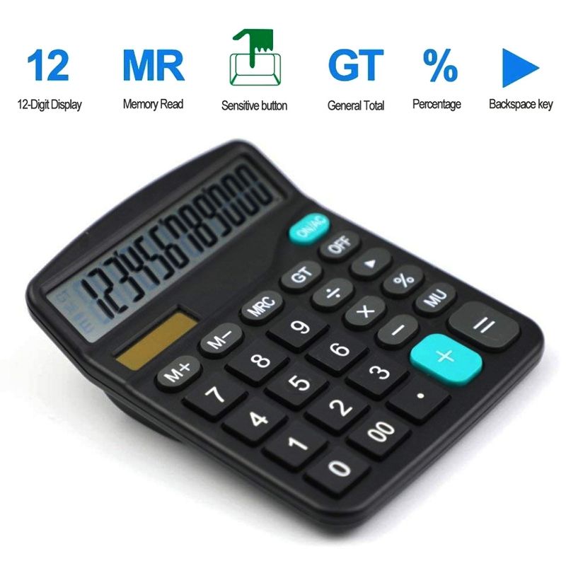12-Digit Solar Powered Large Display Calculator Home-Black