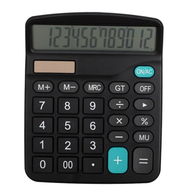 12-Digit Solar Powered Large Display Calculator Home-Black