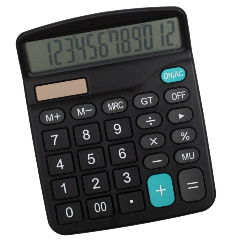 12-Digit Solar Powered Large Display Calculator Home-Black