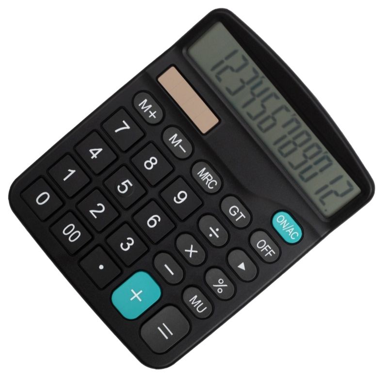 12-Digit Solar Powered Large Display Calculator Home-Black