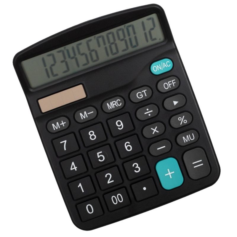12-Digit Solar Powered Large Display Calculator Home-Black