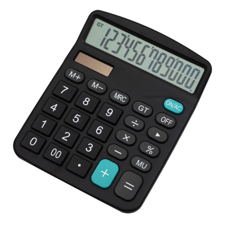 12-Digit Solar Powered Large Display Calculator Home-Black