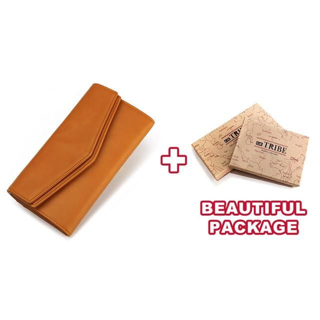 KAVIS-cartera de piel autentica de alta capacidad para mujer monedero femenino bolso de mano con abrazadera tarjetero-Brown L box
