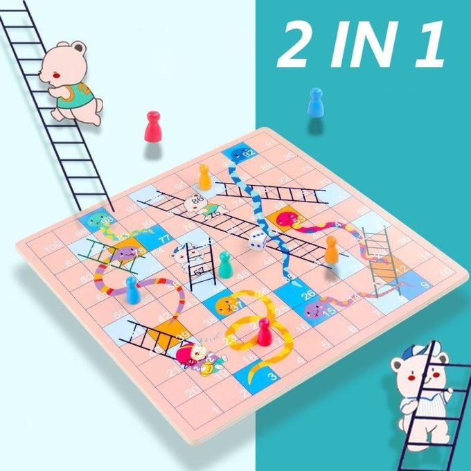 2 In 1 Double-Faced Wooden Flying Ludo Snake Ladder Game-