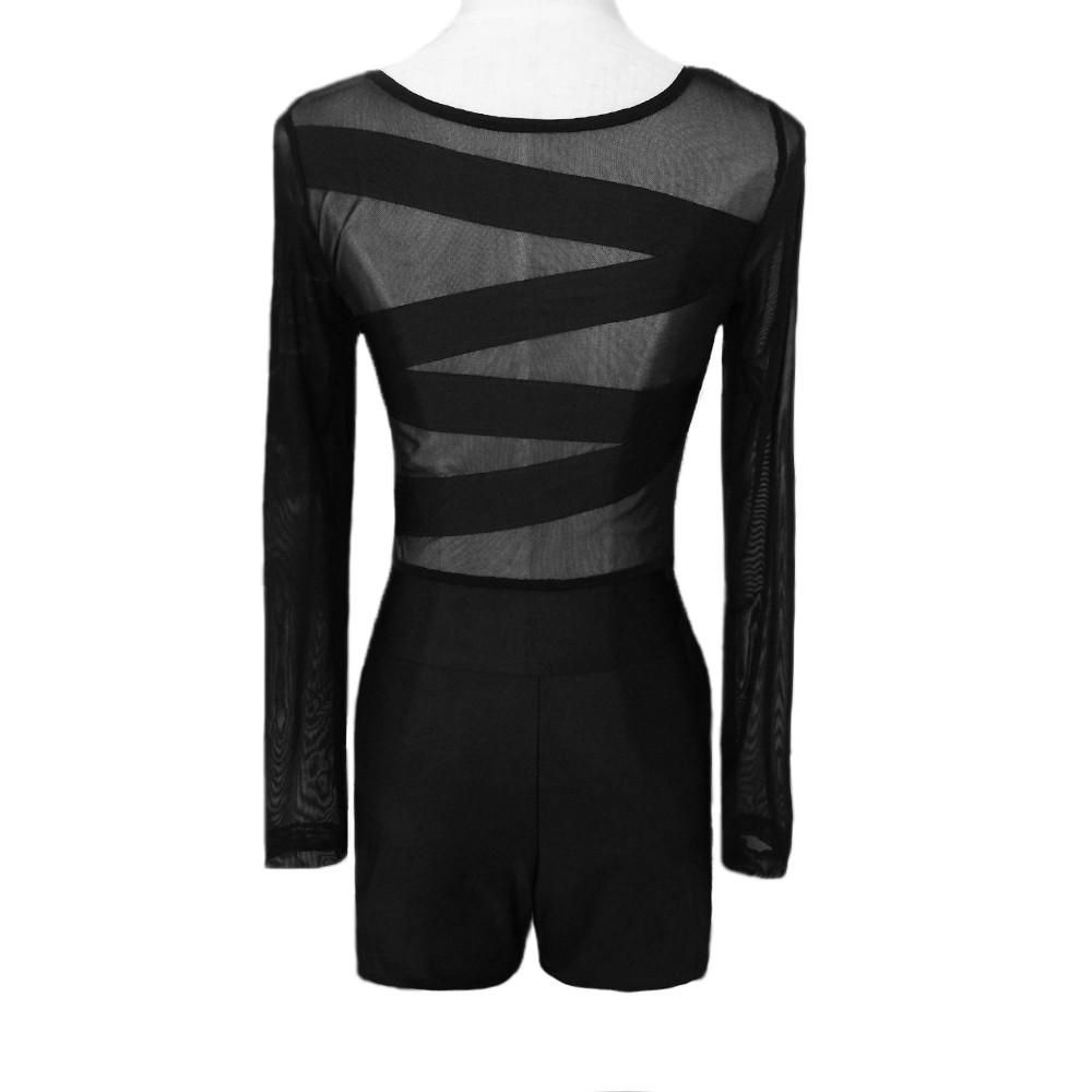 New Sexy Women Jumpsuit Mesh Lace Crew Neck Long Sleeve Bodycon Short Rompers Bodysuit Outfits Black