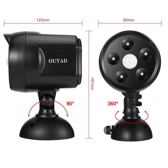 OUTAD 5LED 350Lm Solar PIR Motion Sensor Light Weatherproof Battery Powered Black