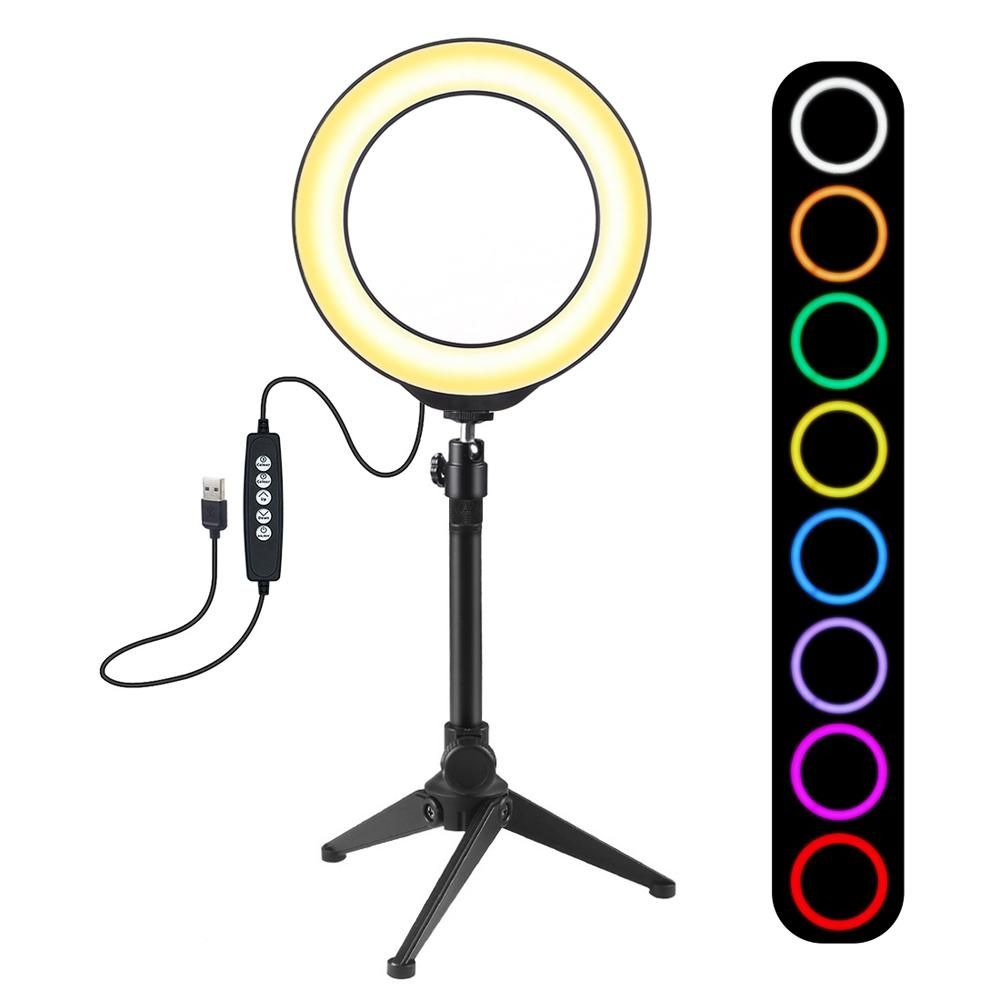 PULUZ 6.2 inch 160mm USB 10 Modes 8 Colors RGBW Adjustable Dimmable LED Round Rings Vlogging Photography Lamp Video Lights + Desktop Tripod Mount with Cold Shoe Tripod BallHead (Black) PKT3048
