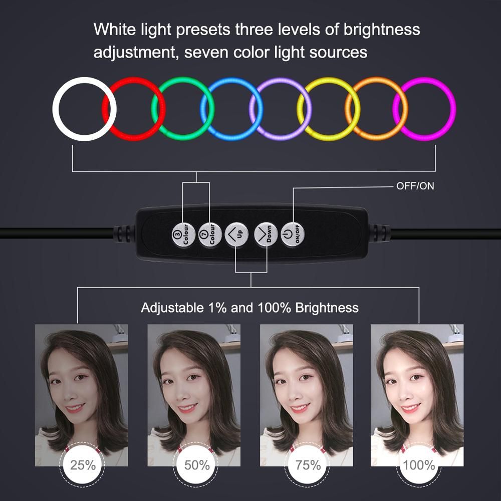 PULUZ 6.2 inch 160mm USB 10 Modes 8 Colors RGBW Adjustable Dimmable LED Round Rings Vlogging Photography Lamp Video Lights + Desktop Tripod Mount with Cold Shoe Tripod BallHead (Black) PKT3048