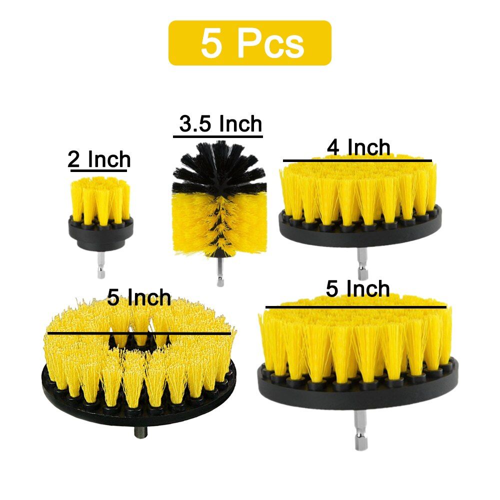 Electric Drill Brush Kit All Purpose Cleaner Auto Tires Cleaning Tools For Tile Bathroom Kitchen Round Plastic Scrubber Brushes-5 PCS Set Yellow