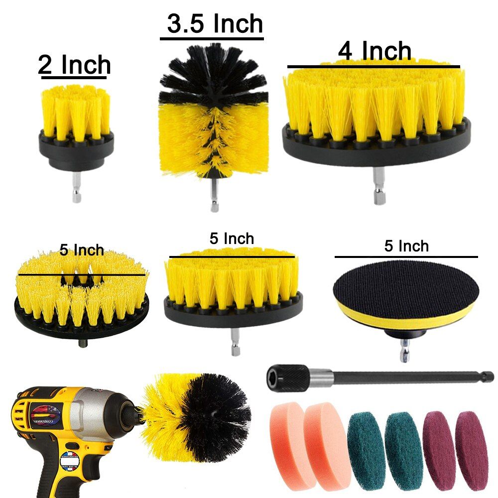 Electric Drill Brush Kit All Purpose Cleaner Auto Tires Cleaning Tools For Tile Bathroom Kitchen Round Plastic Scrubber Brushes-5 PCS Set Yellow