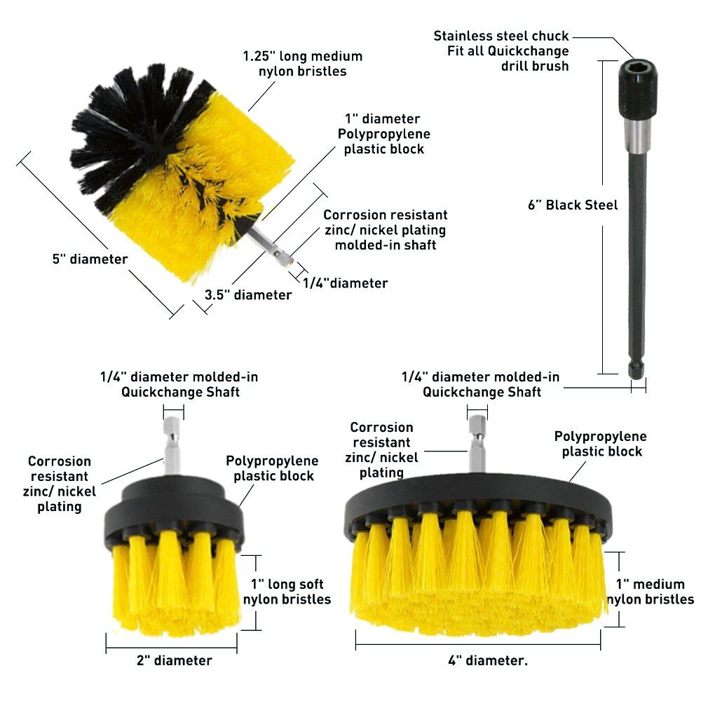 Electric Drill Brush Kit All Purpose Cleaner Auto Tires Cleaning Tools For Tile Bathroom Kitchen Round Plastic Scrubber Brushes-5 PCS Set Yellow
