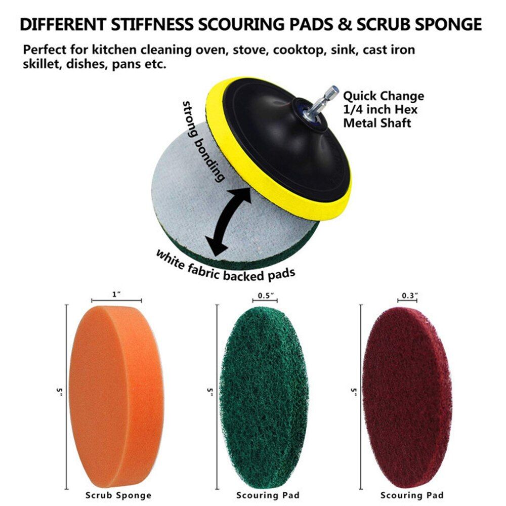 Electric Drill Brush Kit All Purpose Cleaner Auto Tires Cleaning Tools For Tile Bathroom Kitchen Round Plastic Scrubber Brushes-5 PCS Set Yellow