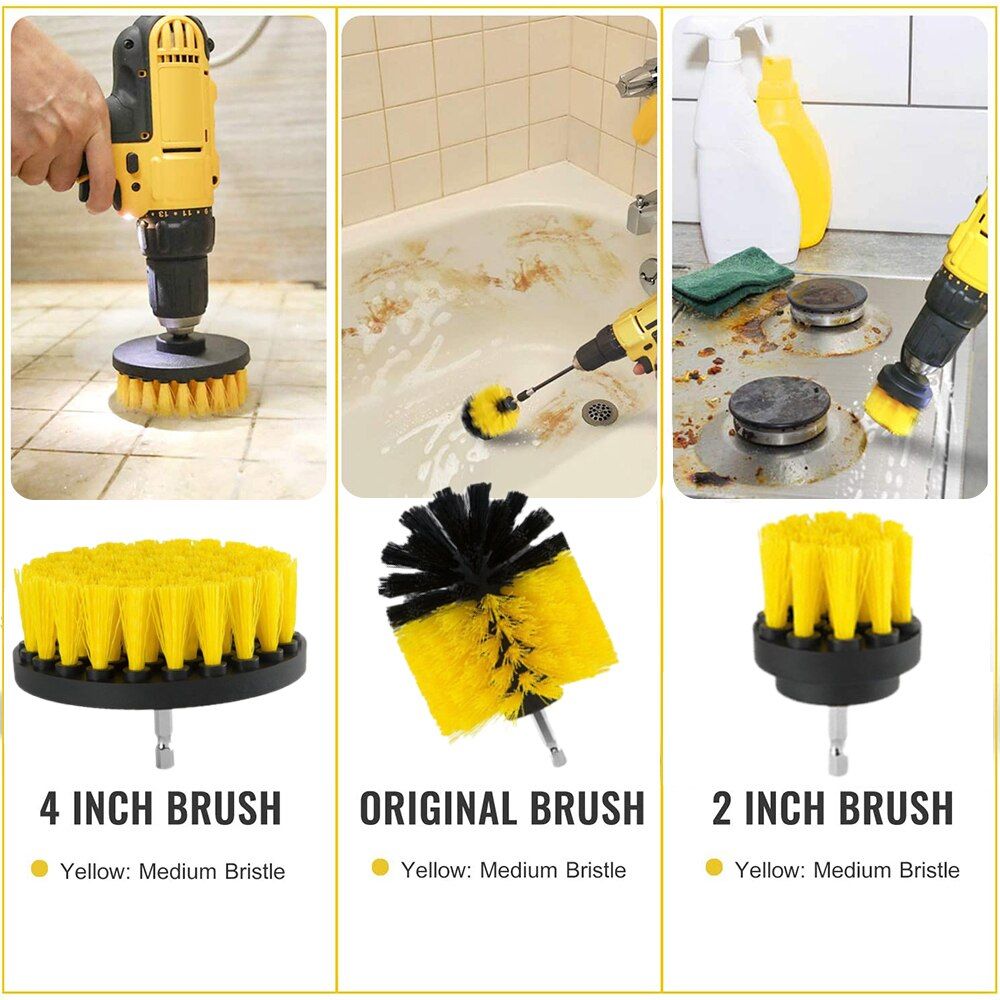 Electric Drill Brush Kit All Purpose Cleaner Auto Tires Cleaning Tools For Tile Bathroom Kitchen Round Plastic Scrubber Brushes-5 PCS Set Yellow