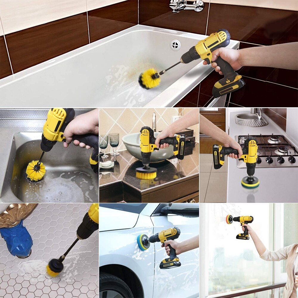 Electric Drill Brush Kit All Purpose Cleaner Auto Tires Cleaning Tools For Tile Bathroom Kitchen Round Plastic Scrubber Brushes-5 PCS Set Yellow