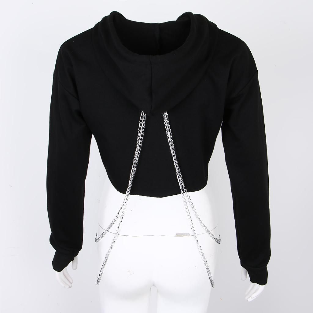 Women Teen Girl Etal Chain Hoodie Crop Top Long Sleeve Hooded M