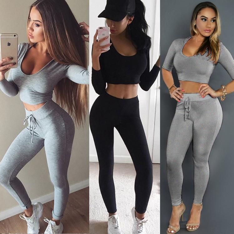 Foreign Trade Hooded Short Top Drawstring Skinny Pencil Trousers Running Fitness Women's Pants Sports Two-Piece Suit