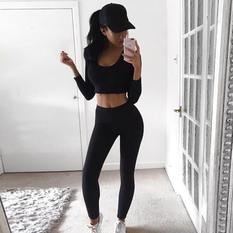 Foreign Trade Hooded Short Top Drawstring Skinny Pencil Trousers Running Fitness Women's Pants Sports Two-Piece Suit