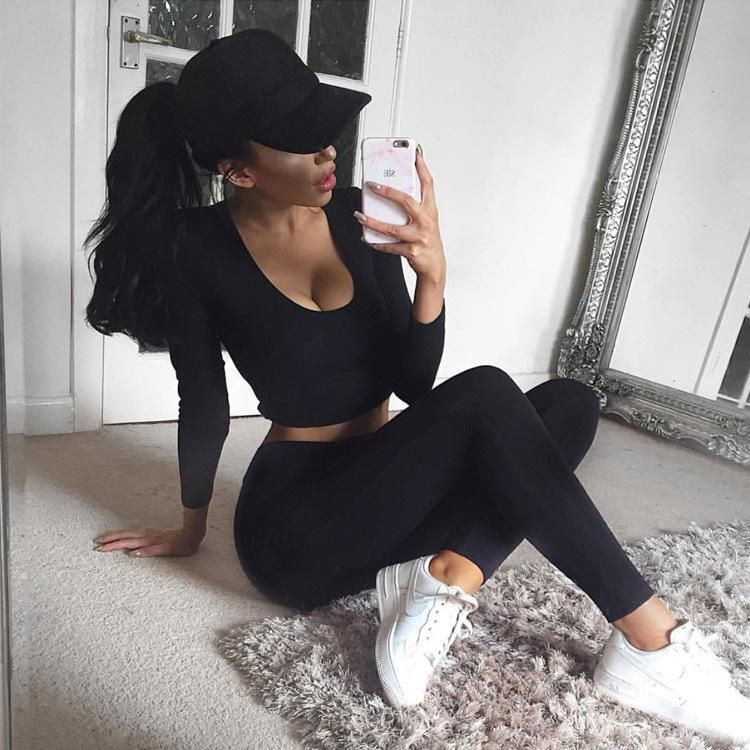 Foreign Trade Hooded Short Top Drawstring Skinny Pencil Trousers Running Fitness Women's Pants Sports Two-Piece Suit