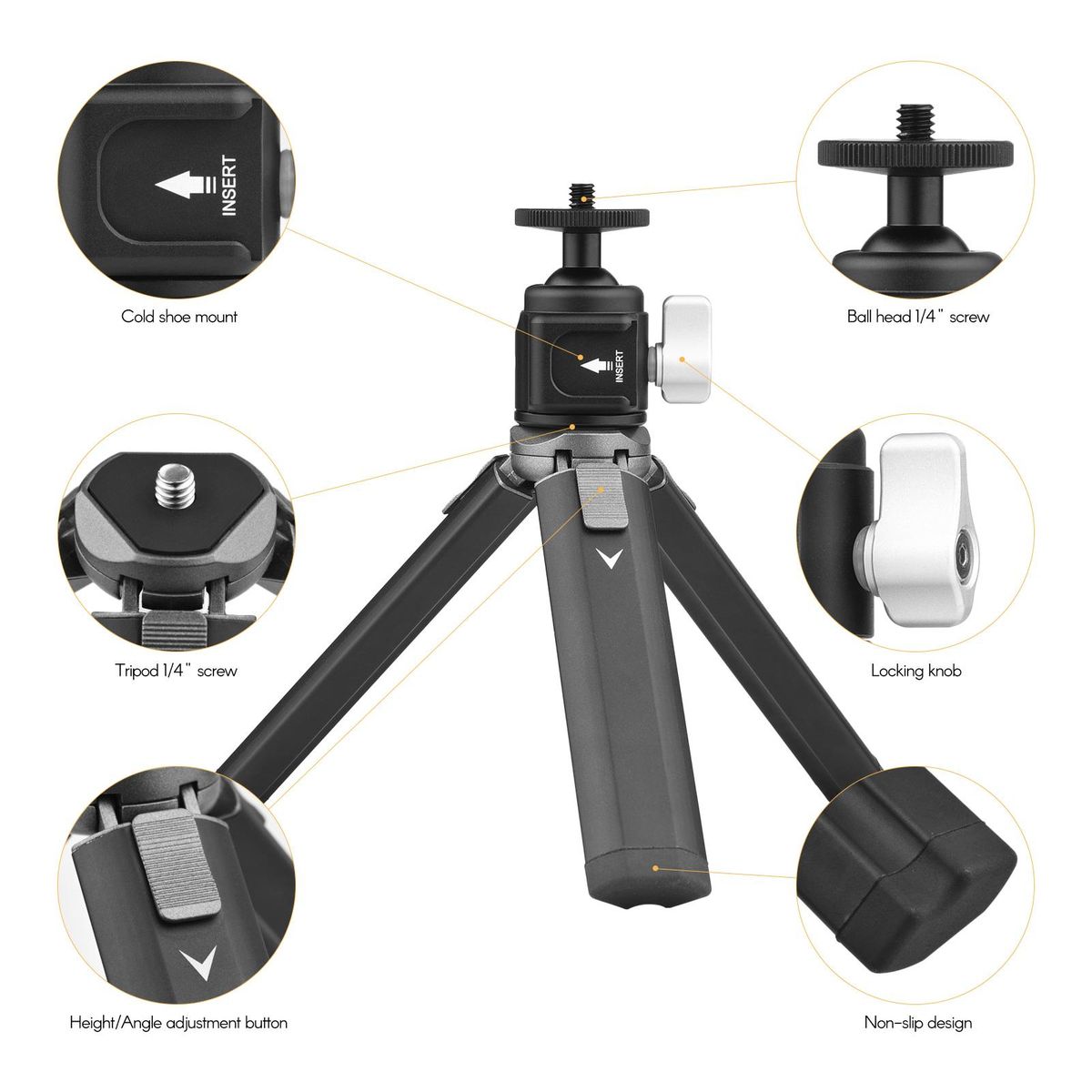 Mini Tripod Stand Sturdy Aluminum Alloy Tripod with Ball Head Cold Shoe Mount 1/4 Inch Screw for Cameras Cellphones Photography Light