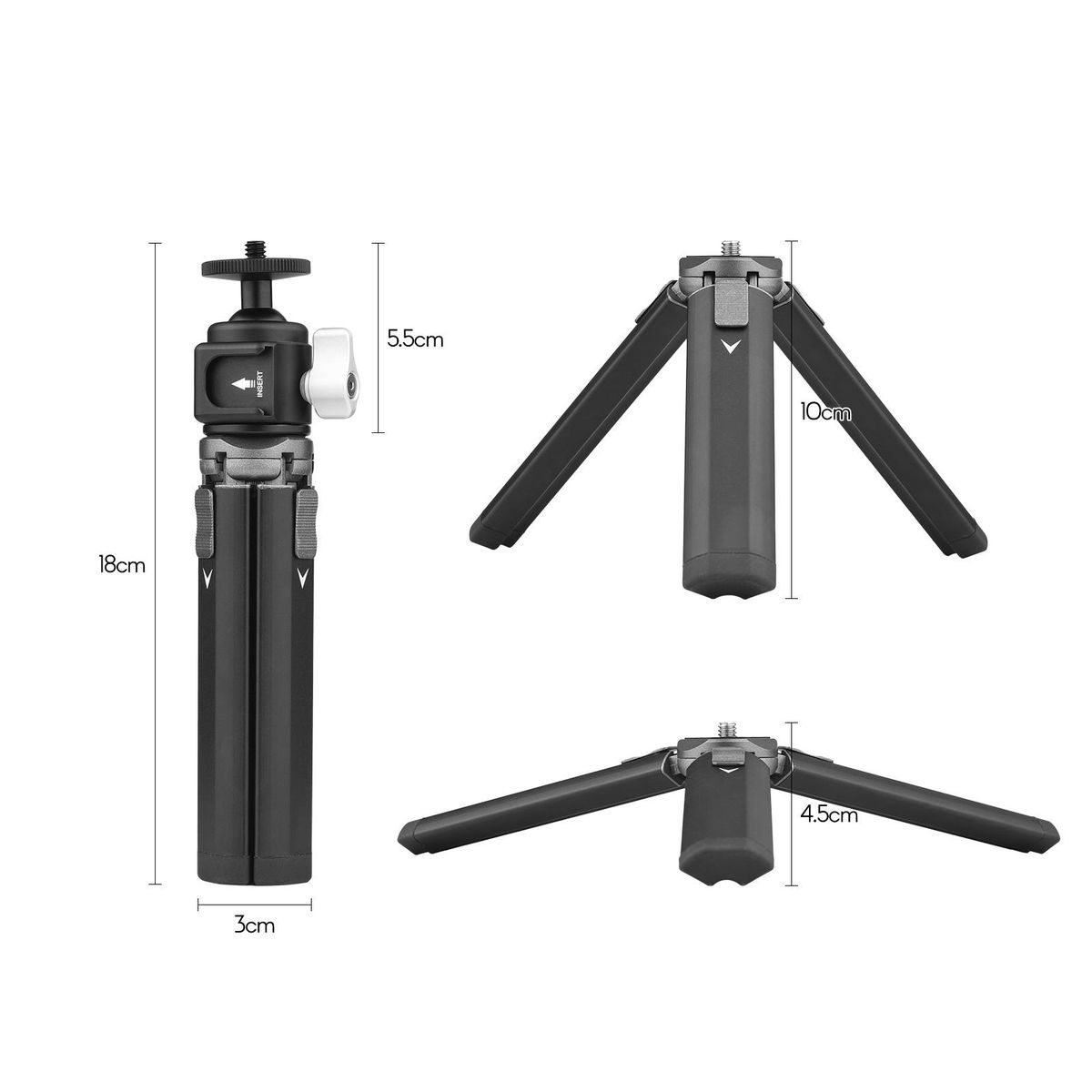 Mini Tripod Stand Sturdy Aluminum Alloy Tripod with Ball Head Cold Shoe Mount 1/4 Inch Screw for Cameras Cellphones Photography Light