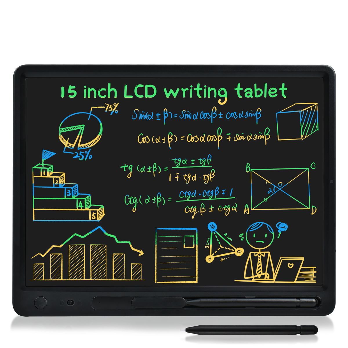 15 Inch Colorful Doodle Board Electronic LCD Writing Tool Clean Portable Tablet For Kids&Adult Learning Toys Gifts School&Office(#15 Colors Black)