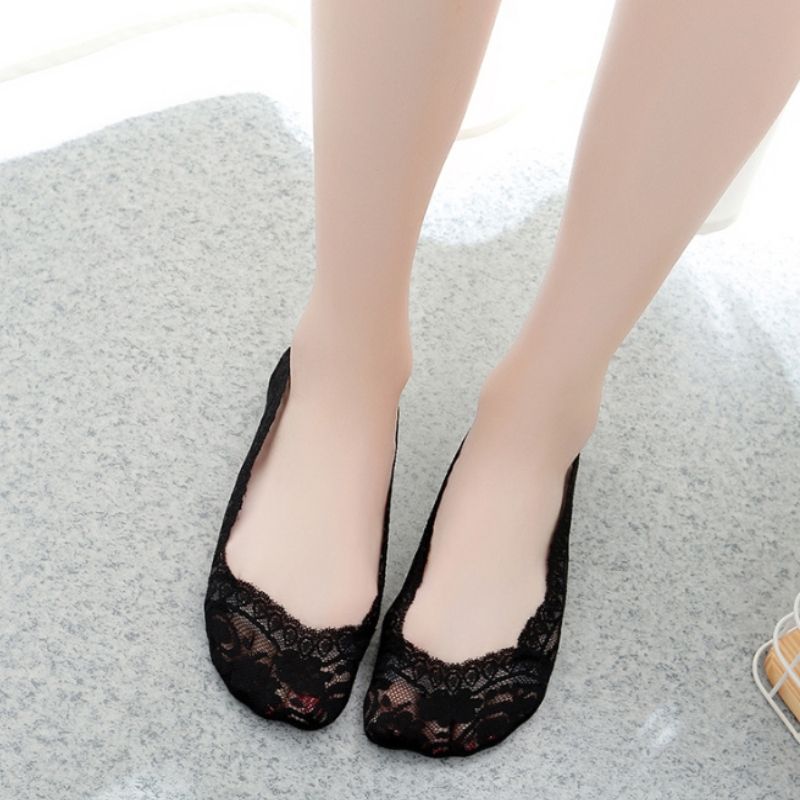 5 Pairs Summer Women Silicon Lace Boat Socks Invisible Cotton Sole Non- Sock