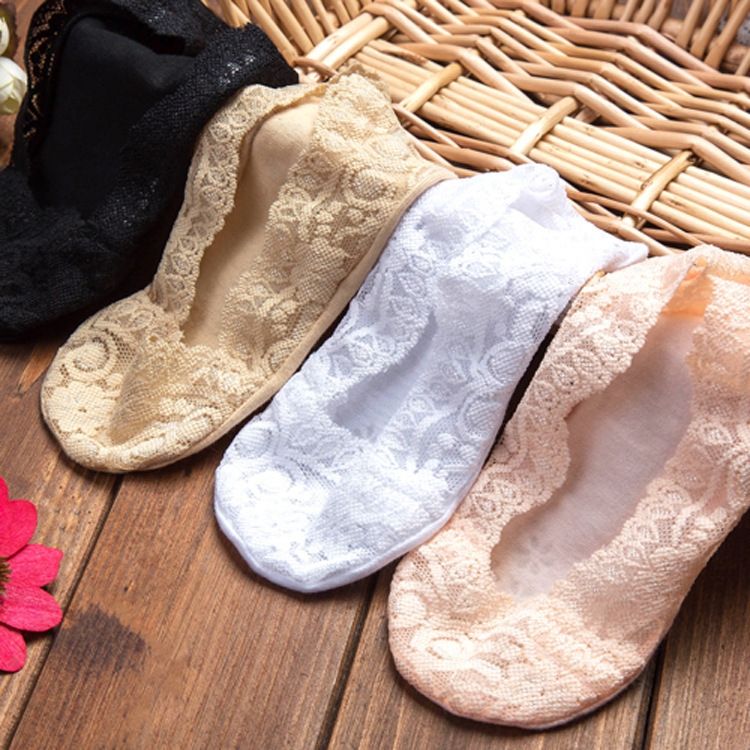 5 Pairs Summer Women Silicon Lace Boat Socks Invisible Cotton Sole Non- Sock