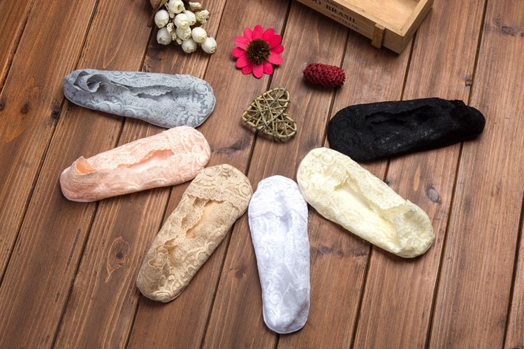 5 Pairs Summer Women Silicon Lace Boat Socks Invisible Cotton Sole Non- Sock
