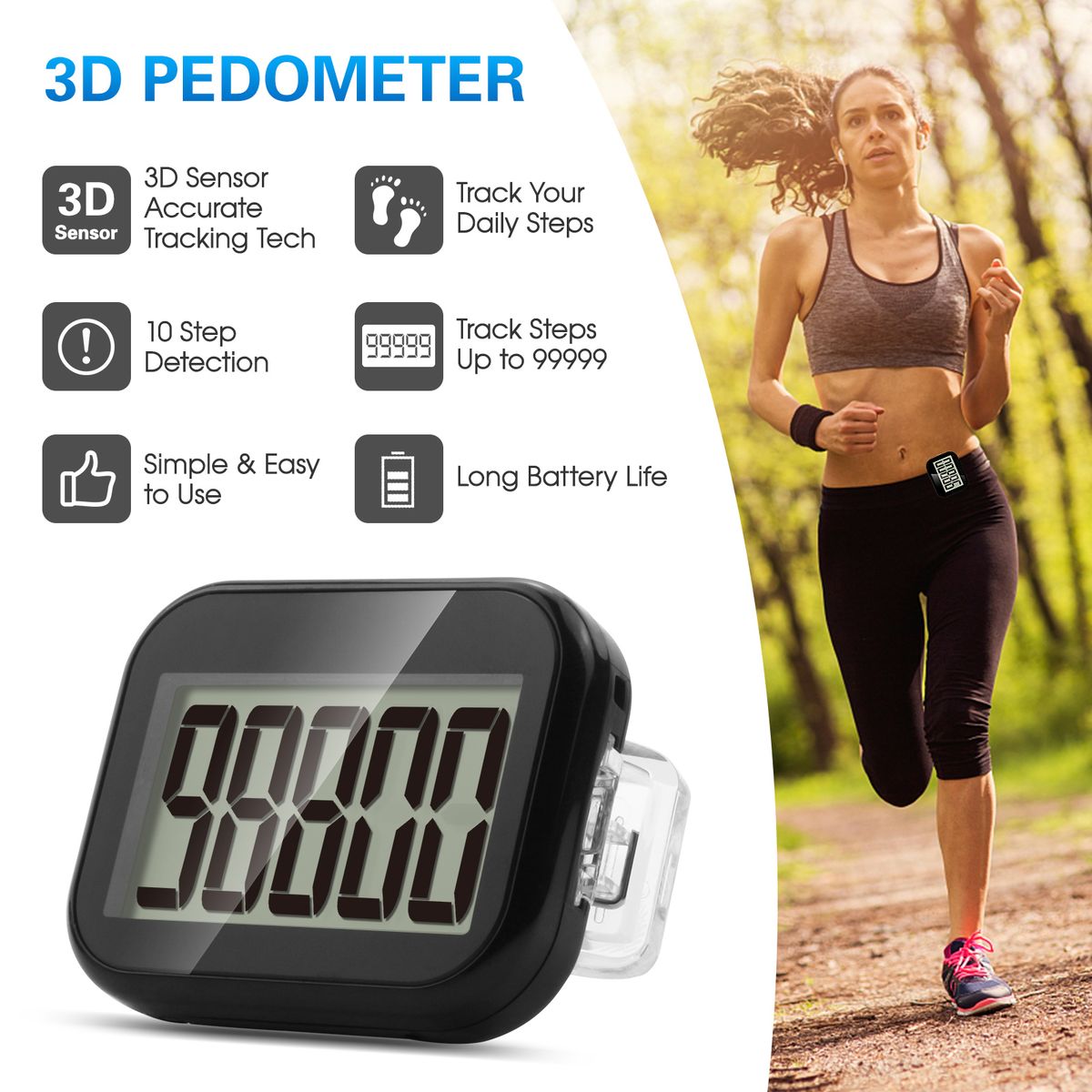 3D Walking Pedometer Step Counter With Removable Clip And