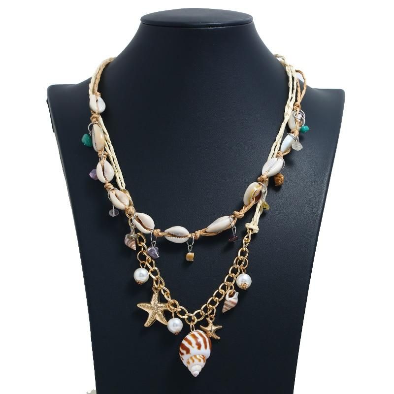 Bohemian Summer Beach Necklace Pendant Natural Sea Shells Pearl Charm Chain Necklace Boho Handmade Trendy Seashell Jewelry