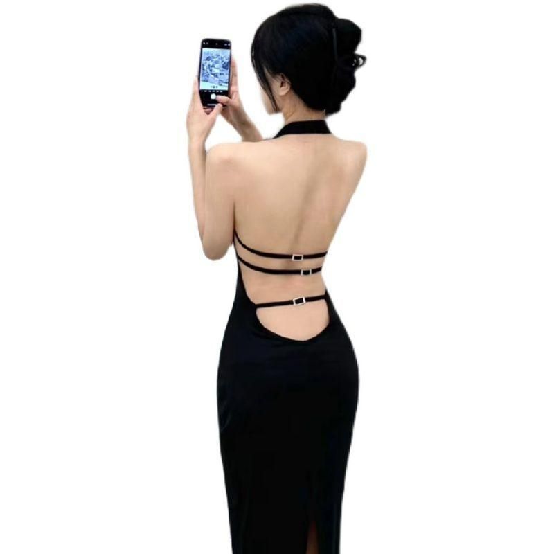 High-End Affordable Luxury Niche Slim Fit Slimming French Black Sexy Backless Halter Dress for Women 2023 Summer New