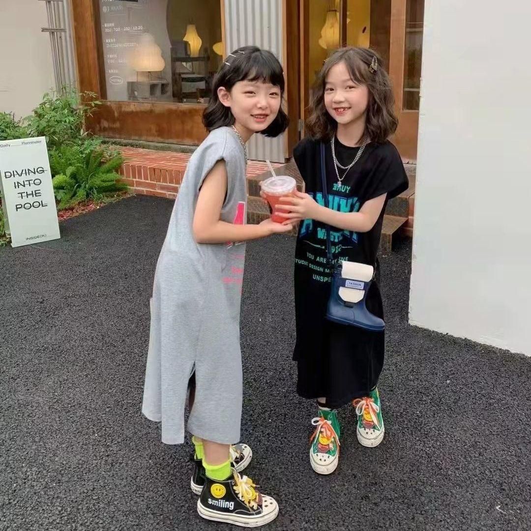 Girls' Mid-Length T-shirt Skirt Korean Style Summer Dress Children and Teens Short Sleeve Girls' Word Tube Skirt Children's Casual Dress