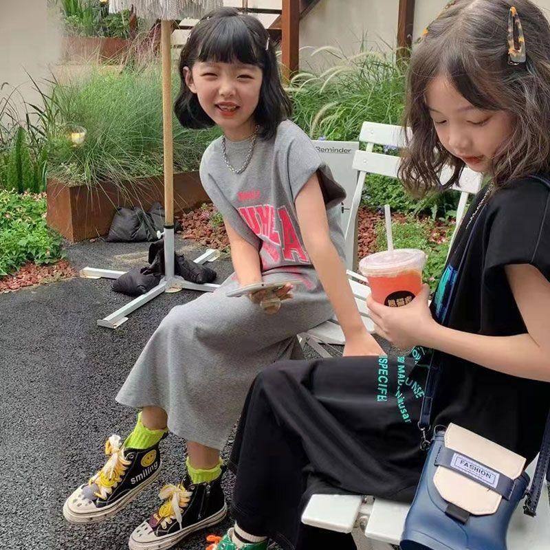 Girls' Mid-Length T-shirt Skirt Korean Style Summer Dress Children and Teens Short Sleeve Girls' Word Tube Skirt Children's Casual Dress
