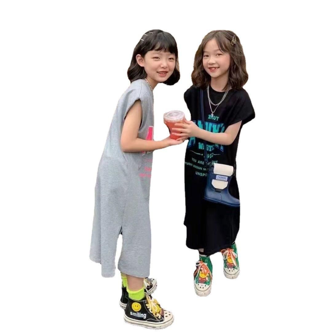Girls' Mid-Length T-shirt Skirt Korean Style Summer Dress Children and Teens Short Sleeve Girls' Word Tube Skirt Children's Casual Dress