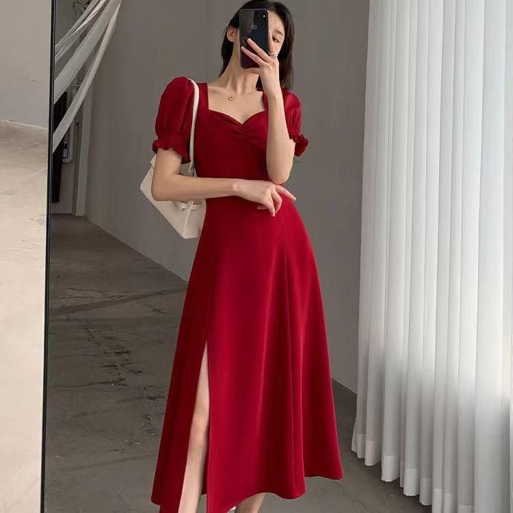 Green Dress for Women Summer 2023 New Style Bubble Sleeve Square Collar Hepburn Style French Sweet Retro A- line Slit Skirt