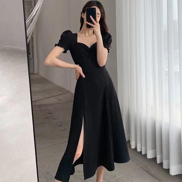 Green Dress for Women Summer 2023 New Style Bubble Sleeve Square Collar Hepburn Style French Sweet Retro A- line Slit Skirt