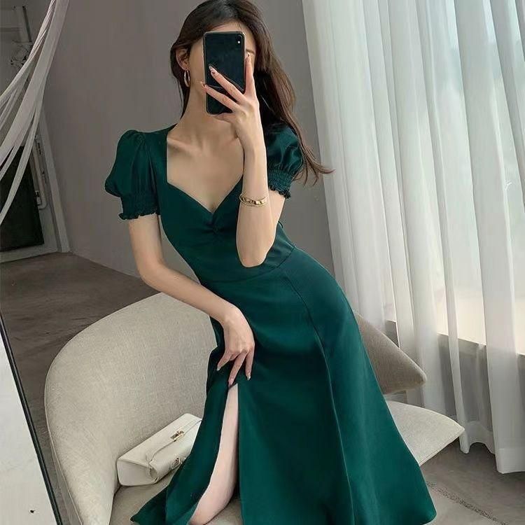 Green Dress for Women Summer 2023 New Style Bubble Sleeve Square Collar Hepburn Style French Sweet Retro A- line Slit Skirt