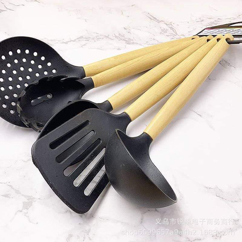 5pcs Wooden Handle Non-Stick Silicon Head Cooking Spoon Set